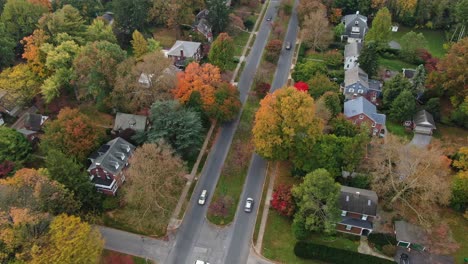 Residential-housing-area-in-Lancaster,-Pennsylvania,-aerial-view-of-neighborhood,-two-lane-road-and-tree-alley-in-colourful-autumn-foliage