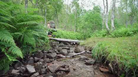 Hombre-Con-Mochila-De-Camping-Cruzando-Un-Río-De-Montaña-Sobre-Un-Tronco-De-árbol-Caído-En-El-Parque-Nacional-Anderdalen,-Senja,-Noruega