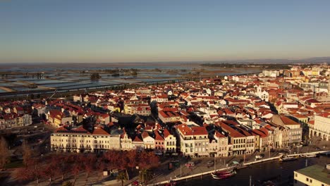 Aerial-view-of-Aveiro-city-on-the-west-coast-of-Portugal-set-along-a-lagoon-called-Ria-de-Aveiro