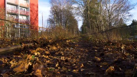 Dolly-left-shot-of-abandoned-train-track-with-dry-leaves,-autumn-scene