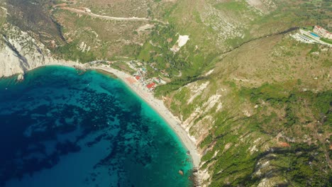 View-from-above-Natural-turquoise-water-bay,-Mediterranean-Destination,-Petani-Beach