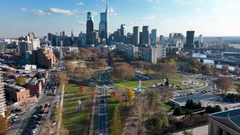 Aerial-pullback,-reveal-shot-of-Philadelphia-skyline