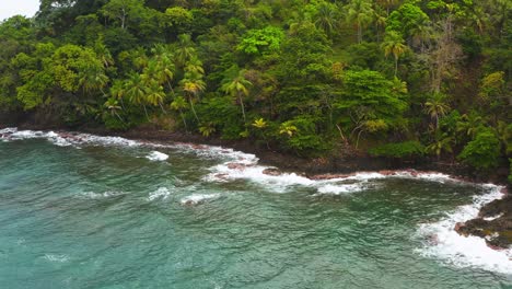 Aerial-view-of-palm-tree-tropical-island-coastline-as-waves-move-to-sandy-shoreline