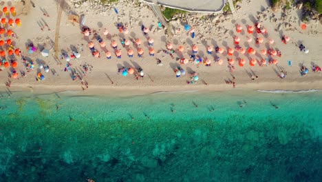 Descending-top-down-view-clear-emerald-sea-of-Petani-beach,-colorful-beach-umbrellas