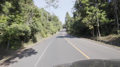4k-clip-of-the-front-view-from-a-black-car-driving-through-a-road-crossing-a-vast-jungle-and-national-park-on-a-very-sunny-morning