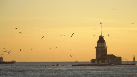 Bosporus-Boat-Cruise-next-to-Maiden's-Tower-during-Sunset-in-Istanbul