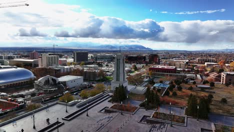 AERIAL---Downtown-and-LDS-Conference-Center-in-Salt-Lake-City,-Utah,-spinning-shot