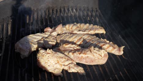 Boneless-chicken-breast-grilling-on-the-backyard-barbeque-over-hot-coals---isolated-close-up-in-slow-motion