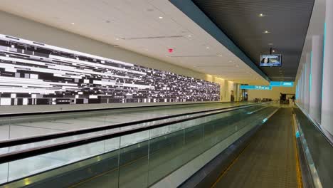 Moving-slowly-down-the-CLT-airport-terminal-corridor-showing-off-the-bright-black-and-white-digital-art-on-the-corridor-walls-while-standing-and-moving-slowly-down-the-moving-walkway