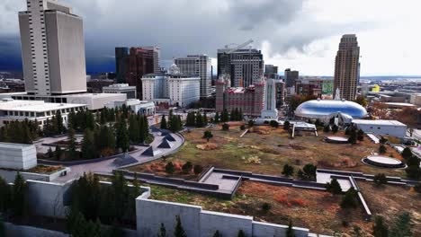 AERIAL---Gardens-above-the-LDS-Conference-Center-in-Salt-Lake-City,-Utah,-forward