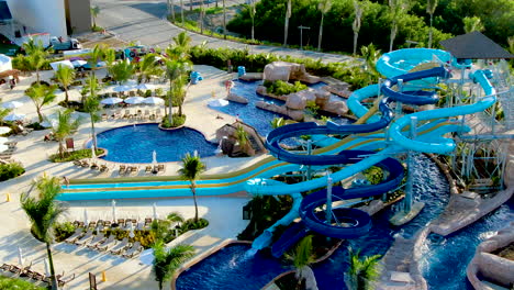 Aerial-view-of-aqua-park-in-luxury-tropical-resort-in-Punta-Cana,-Dominican-Republic