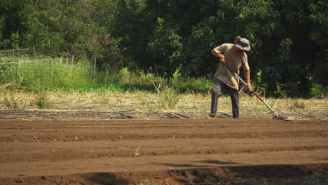 Redneck-farmer-using-a-rake-for-plowing-the-field,-countryman-day-to-day-lifestyle,-lateral-movement-shot