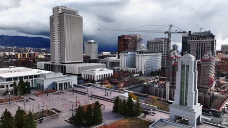 AERIAL---Downtown-and-the-LDS-Conference-Center-in-Salt-Lake-City,-Utah,-truck-right