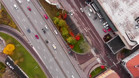 Aerial-Shot-of-Highway-in-Gothenburg,-Sweden-during-the-day