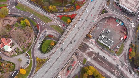 Aerial-Bird's-Eye-view-of-Partial-Cloverfield-interchange-highway-during-the-day