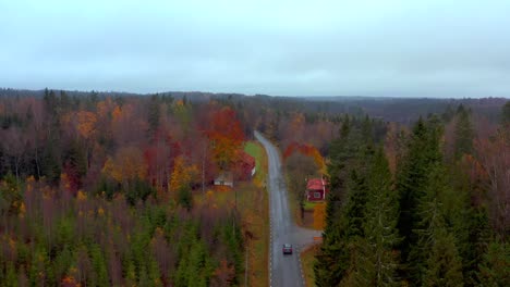 Luftaufnahmen,-Die-Einem-Auto-Durch-Eine-Schwedische-Landstraße-Voller-Bunter-Bäume-Im-Herbst-Folgen