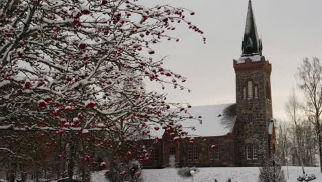 Snow-Covered-Gärdhems-Christian-Old-Stone-Nordic-Church-Establisher---Sweden