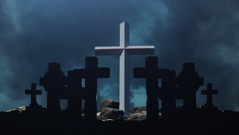 the-pillars-of-the-crosses-silhouette-against-the-background-of-dark-clouds-and-lightning