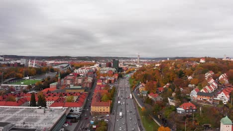 Aerial-Establishing-shot-of-Highway-in-Downtown-Gothenburg,-Sweden-during-cloudy-day