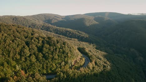 Aerial-tilt-down-drone-shot-of-winding-mountain-road-in-the-middle-of-a-forest