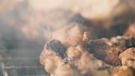 Slow-motion-close-up-shot-of-chicken-wings-and-smoke-from-the-charcoal-grill