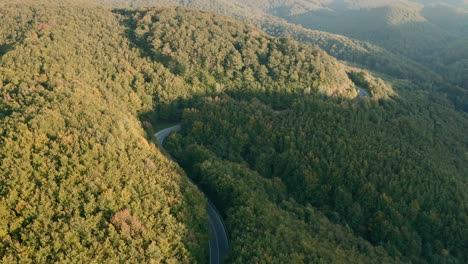 Aerial-reveal-drone-shot-of-cars-driving-on-a-winding-mountain-road-in-the-middle-of-a-forest