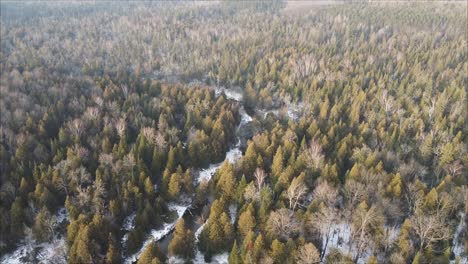 Aerial-Flyover-Of-Beautiful-Forest-Landscape-Near-Algonquin-Park-At-Sunset