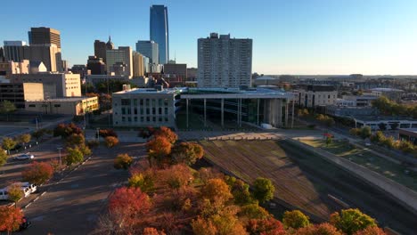 Oklahoma-City-aerial-view-of-urban-skyline-in-autumn-golden-hour-sunset