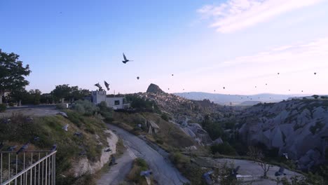 Flock-Of-Birds-Flying-With-Hot-Air-Balloons-Over-The-Beautiful-Rock-Formations-In-Goreme,-Cappadocia,-Turkey---wide-shot