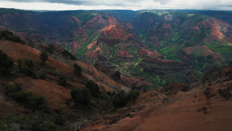Young-adventurers-looking-at-Waimea-Canyon-on-Kauai---drone-fly-over-wide-shot