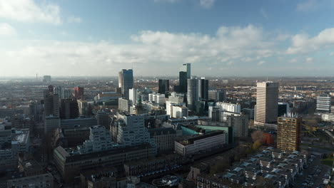 Tall-Skyscrapers-In-Rotterdam-City-Center-In-The-Netherlands---Aerial-shot