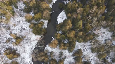 Aerial-Shot-Of-River-Flowing-Through-Winter-Forest-Landscape,-Fresh-Snow