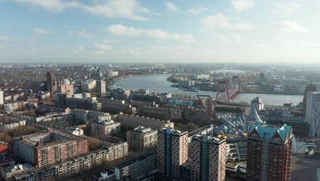 Cityscape-Rotterdam-City-Center-And-A-View-Of-The-Nieuwe-Maas-River-In-Netherlands---aerial-drone-shot