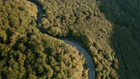 Aerial-tilt-down-drone-shot-of-cars-driving-on-a-winding-mountain-road-in-the-middle-of-a-forest