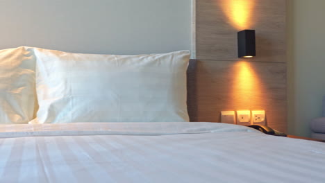Hotelzimmer-Mit-Leerem-Grauem-Schlafsofa-Mit-Zwei-Kissen-Und-Einem-Weißen,-Sauberen-Bett-Mit-Kissen