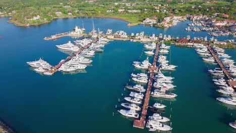 Aerial-view-over-placid-Casa-de-Campo-Marina-with-lots-of-moored-yachts