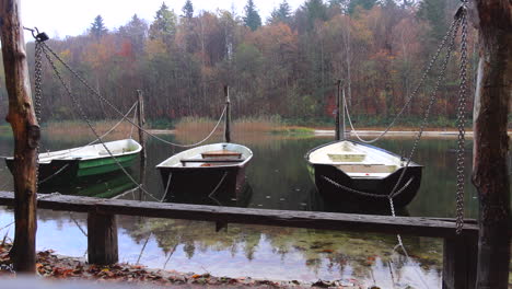 Drei-Ruderboote,-Die-Im-Regen-Auf-Dem-Waldsee-Schwimmen