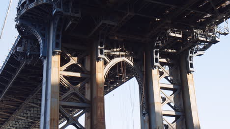 Structure-Of-Steel-Pillars-Under-Manhattan-Bridge-In-New-York,-USA