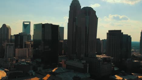 Drone-shot-of-skyline-with-sunsetting-in-charlotte-north-carolina