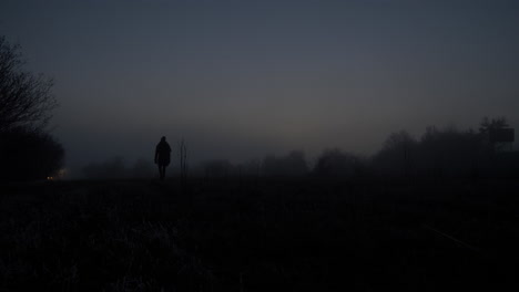 Woman-Figure-Walking-Alone-At-Night-In-Countryside---Distant-Car-Light-Beams