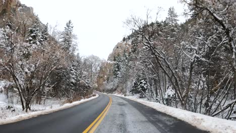 Snowy-Winter-Scenic-Drive-Along-Mountain-Pass-Road,-American-Fork-Utah