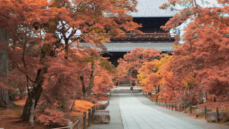 Guy-walking-from-a-big-shrine-through-the-orange-autumn-leaves-in-Kyoto,-Japan-soft-lighting