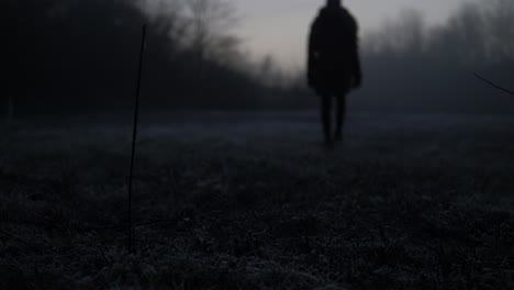 Low-angle-shot-of-a-woman-walking-on-a-moody-frost-morning