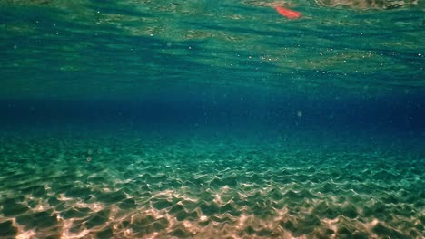 Stunning-colorful-and-multicolored-beneath-water-surface-scene-of-crystalline-ocean-water-and-reflections-on-seafloor-with-blue-background