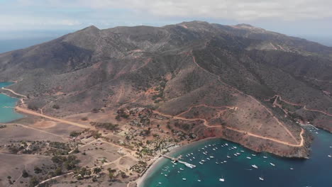 Stunning-aerial-view-of-Catalina-Island-beach-bay-in-California,-circle-pan