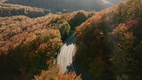 Beautiful-aerial-zoom-out-footage-of-cars-driving-on-a-scenic-road-winding-in-an-autumn-coloured-forest