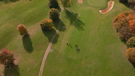 Golfer-beats-the-ball-on-the-green-during-a-beautiful-sunny-day-in-autumn---aerial-drone-static-shot