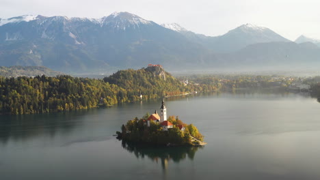 Wide-rotating-drone-shot-of-the-Pilgrimage-Church-of-the-Assumption-of-Mary,-Slovenia