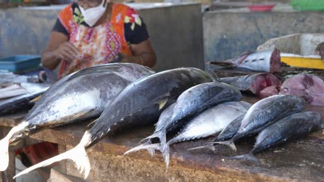 Viele-Riesige-Thunfische-Stapelten-Sich-Und-Waren-Auf-Dem-Lokalen-Fischmarkt-Im-Freien-In-Negombo,-Sri-Lanka,-Zum-Verkauf-Bereit