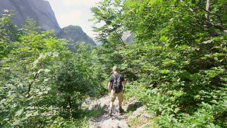 Male-hiker-walking-down-a-path-with-trees-on-both-sides